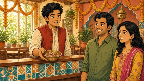 Comic-Illustration: helles indisches Restaurant mit Ringelblumengirlanden, ein lächelnder Kellner bietet zwei fröhlichen Gästen eine Messingschale mit bunten Fenchelsamen an