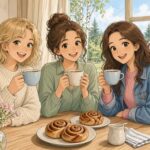 Comic-Illustration: drei lachende Freundinnen mit Kaffeetassen und Zimtschnecken in einem hellen schwedischen Café, rotes Holzhaus und Birken vor dem Fenster