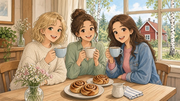 Comic-Illustration: drei lachende Freundinnen mit Kaffeetassen und Zimtschnecken in einem hellen schwedischen Café, rotes Holzhaus und Birken vor dem Fenster