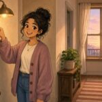 Comic-Illustration: gemütlicher Flur im warmen Lampenlicht, eine lächelnde Frau hängt ihren Schlüssel an den Haken, draußen ein pastellfarbener Abendhimmel