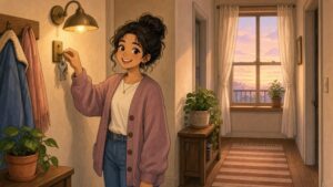 Comic-Illustration: gemütlicher Flur im warmen Lampenlicht, eine lächelnde Frau hängt ihren Schlüssel an den Haken, draußen ein pastellfarbener Abendhimmel