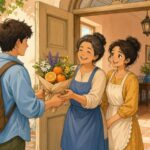 Comic-Illustration: warmer Türrahmen, Gast reicht freundlich ein kleines Mitbringsel