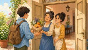 Comic-Illustration: warmer Türrahmen, Gast reicht freundlich ein kleines Mitbringsel