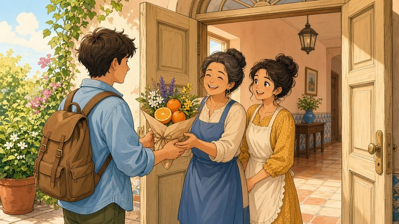 Comic-Illustration: warmer Türrahmen, Gast reicht freundlich ein kleines Mitbringsel