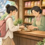 Comic-Illustration: heller japanischer Laden, eine Reisende legt Geld auf ein kleines Tablett, die Verkäuferin lächelt freundlich