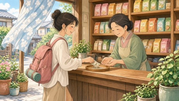 Comic-Illustration: heller japanischer Laden, eine Reisende legt Geld auf ein kleines Tablett, die Verkäuferin lächelt freundlich
