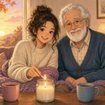 Comic-Illustration: lächelnde junge Frau und ihr fröhlicher Großvater zünden auf dem Sofa eine Kerze an, im Fenster ein goldener Herbstsonnenuntergang