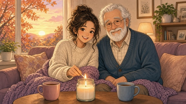 Comic-Illustration: lächelnde junge Frau und ihr fröhlicher Großvater zünden auf dem Sofa eine Kerze an, im Fenster ein goldener Herbstsonnenuntergang