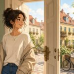 Comic-Illustration: helle Haustür am Vormittag, eine lächelnde Frau hängt sich eine leichte Jacke über den Arm, weiches Tageslicht und freundliche Farben