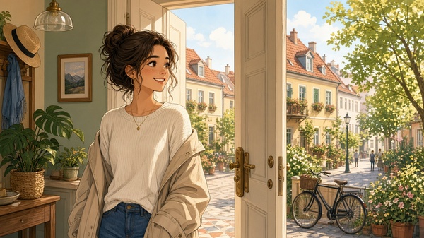Comic-Illustration: helle Haustür am Vormittag, eine lächelnde Frau hängt sich eine leichte Jacke über den Arm, weiches Tageslicht und freundliche Farben