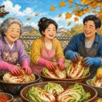 Comic-Illustration: fröhliche koreanische Familie mit bunten Handschuhen legt in einem sonnigen Herbsthof gemeinsam Kimchi-Kohl ein