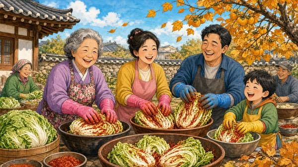 Comic-Illustration: fröhliche koreanische Familie mit bunten Handschuhen legt in einem sonnigen Herbsthof gemeinsam Kimchi-Kohl ein