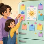 Comic-Illustration: lächelnde Mutter und ihre fröhliche Tochter heften bunte Zettel an einen pastellgrünen Kühlschrank in einer hellen Küche