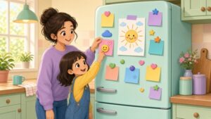 Comic-Illustration: lächelnde Mutter und ihre fröhliche Tochter heften bunte Zettel an einen pastellgrünen Kühlschrank in einer hellen Küche