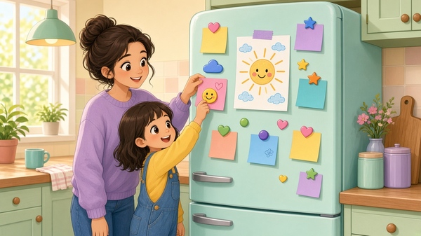 Comic-Illustration: lächelnde Mutter und ihre fröhliche Tochter heften bunte Zettel an einen pastellgrünen Kühlschrank in einer hellen Küche