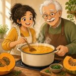 Comic-Illustration: lächelnde junge Frau und fröhlicher Großvater kochen in einer sonnigen Küche gemeinsam Kürbissuppe, auf der Theke liegen orange Kürbishälften
