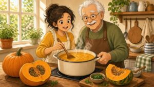 Comic-Illustration: lächelnde junge Frau und fröhlicher Großvater kochen in einer sonnigen Küche gemeinsam Kürbissuppe, auf der Theke liegen orange Kürbishälften