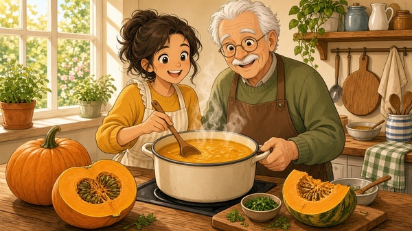 Comic-Illustration: lächelnde junge Frau und fröhlicher Großvater kochen in einer sonnigen Küche gemeinsam Kürbissuppe, auf der Theke liegen orange Kürbishälften