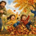 Comic-Illustration: lächelnder Vater mit Rechen im sonnigen Vorgarten, zwei lachende Kinder springen in einen bunten Laubhaufen, ein Nachbar winkt über den Zaun
