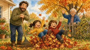 Comic-Illustration: lächelnder Vater mit Rechen im sonnigen Vorgarten, zwei lachende Kinder springen in einen bunten Laubhaufen, ein Nachbar winkt über den Zaun