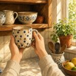 Comic-Illustration: sonnige Küche am Morgen, Hände nehmen einen alten gepunkteten Lieblingsbecher aus dem Holzschrank, Kaffeekanne und Pflanzen am Fenster, warmes Tageslicht