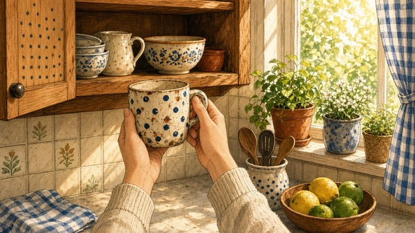 Comic-Illustration: sonnige Küche am Morgen, Hände nehmen einen alten gepunkteten Lieblingsbecher aus dem Holzschrank, Kaffeekanne und Pflanzen am Fenster, warmes Tageslicht