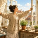 Comic-Illustration: helle Küche am Morgen, eine lächelnde Frau öffnet das Fenster weit, Kaffee und Kräuter auf der Fensterbank, eine Katze auf dem Stuhl
