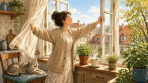 Comic-Illustration: helle Küche am Morgen, eine lächelnde Frau öffnet das Fenster weit, Kaffee und Kräuter auf der Fensterbank, eine Katze auf dem Stuhl