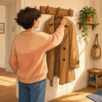 Comic-Illustration: heller Flur, freundlich wird der Mantel an die Garderobe gehängt