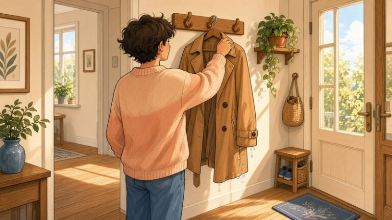 Comic-Illustration: heller Flur, freundlich wird der Mantel an die Garderobe gehängt