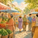 Comic-Illustration: sonniger Markt mit freundlichen Ständen und Gesprächen
