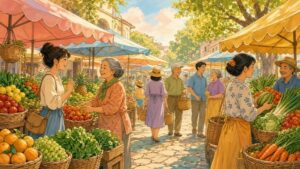 Comic-Illustration: sonniger Markt mit freundlichen Ständen und Gesprächen
