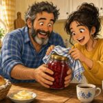 Comic-Illustration: lachender Mann und fröhliche junge Frau versuchen in einer sonnigen Küche gemeinsam, ein Glas Erdbeermarmelade zu öffnen, daneben Brötchen, Butter und Kaffee