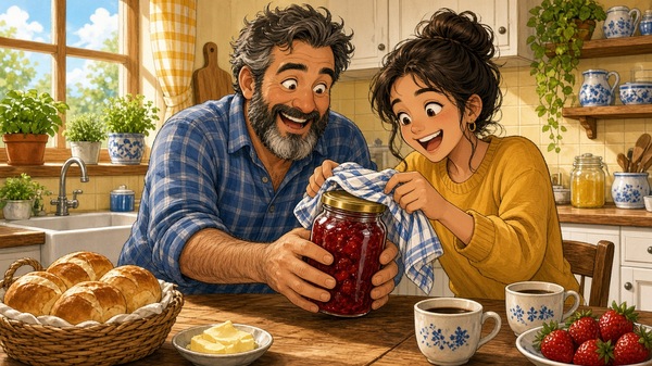 Comic-Illustration: lachender Mann und fröhliche junge Frau versuchen in einer sonnigen Küche gemeinsam, ein Glas Erdbeermarmelade zu öffnen, daneben Brötchen, Butter und Kaffee