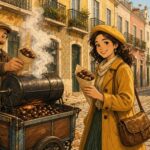 Comic-Illustration: freundlicher Kastanienverkäufer reicht einer lächelnden jungen Frau eine Tüte gerösteter Kastanien in einer Lissabonner Altstadtgasse, gelbe Tram im Hintergrund