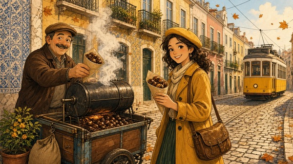 Comic-Illustration: freundlicher Kastanienverkäufer reicht einer lächelnden jungen Frau eine Tüte gerösteter Kastanien in einer Lissabonner Altstadtgasse, gelbe Tram im Hintergrund