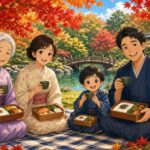 Comic-Illustration: fröhliche japanische Familie beim Picknick mit Bento und grünem Tee unter leuchtend roten Ahornbäumen in einem Tempelgarten