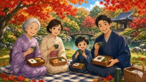 Comic-Illustration: fröhliche japanische Familie beim Picknick mit Bento und grünem Tee unter leuchtend roten Ahornbäumen in einem Tempelgarten