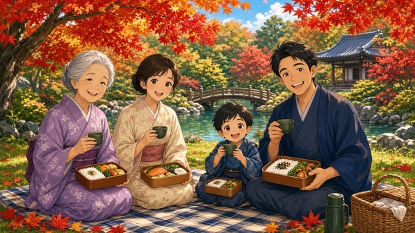 Comic-Illustration: fröhliche japanische Familie beim Picknick mit Bento und grünem Tee unter leuchtend roten Ahornbäumen in einem Tempelgarten