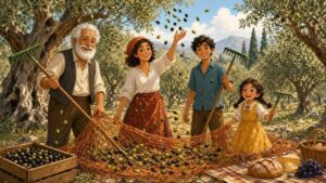 Comic-Illustration: fröhliche Familie erntet in einem sonnigen griechischen Olivenhain Oliven auf orangefarbene Netze