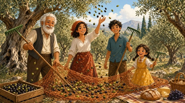 Comic-Illustration: fröhliche Familie erntet in einem sonnigen griechischen Olivenhain Oliven auf orangefarbene Netze