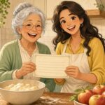Comic-Illustration: sonnige Landhausküche, eine lachende Großmutter und ihre Enkelin halten einen alten Rezeptzettel neben einer Teigschüssel und roten Äpfeln