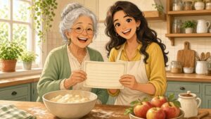 Comic-Illustration: sonnige Landhausküche, eine lachende Großmutter und ihre Enkelin halten einen alten Rezeptzettel neben einer Teigschüssel und roten Äpfeln
