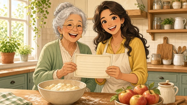 Comic-Illustration: sonnige Landhausküche, eine lachende Großmutter und ihre Enkelin halten einen alten Rezeptzettel neben einer Teigschüssel und roten Äpfeln