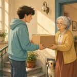 Comic-Illustration: sonniges Treppenhaus, ein junger Mann übergibt einer fröhlichen älteren Nachbarin ein Paket, ein kleiner Hund schaut zu