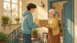 Comic-Illustration: sonniges Treppenhaus, ein junger Mann übergibt einer fröhlichen älteren Nachbarin ein Paket, ein kleiner Hund schaut zu