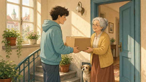 Comic-Illustration: sonniges Treppenhaus, ein junger Mann übergibt einer fröhlichen älteren Nachbarin ein Paket, ein kleiner Hund schaut zu