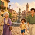 Comic-Illustration: fröhliches älteres Paar und junge Familie mit Eis schlendern im Abendlicht durch eine italienische Altstadtgasse mit Brunnen
