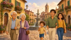 Comic-Illustration: fröhliches älteres Paar und junge Familie mit Eis schlendern im Abendlicht durch eine italienische Altstadtgasse mit Brunnen