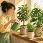 Comic-Illustration: helle Wohnung im Morgenlicht, eine lächelnde Frau gießt mit einer grünen Gießkanne Zimmerpflanzen auf der Fensterbank